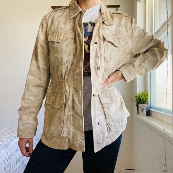 Gap Jacket Utility Beige Camo Print Long Sleeve Button Snap - Picture 2 of 9